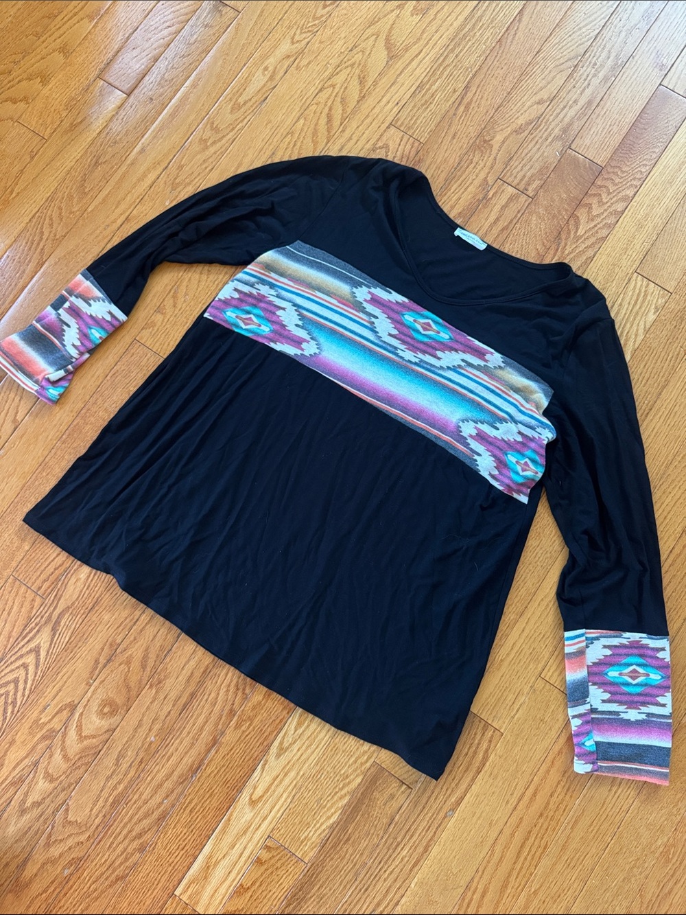 Black Women's V Neck Long Sleeve Top with Southwestern Stripe Detail